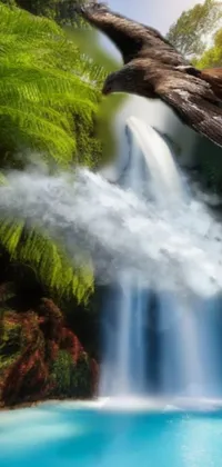 This phone live wallpaper features a stunning scene of a bird soaring above a tropical waterfall and island landscape