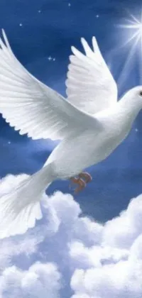 This mobile live wallpaper showcases a serene and peaceful painting of a white dove in flight