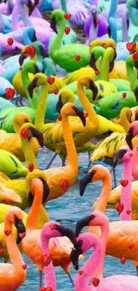 This lively phone live wallpaper features a stunning image of a large group of flamingos standing in a body of water fully covered in colorful paint that creates an explosion of fluorescent colors