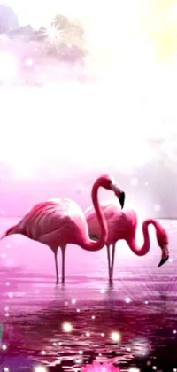 This live wallpaper showcases two flamingos standing in the water, surrounded by a pink hue giving it a dreamy vibe