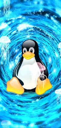 This phone live wallpaper showcases a cute penguin perched on a yellow surfboard against an azure background