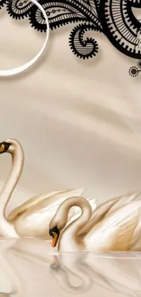 This live wallpaper features digital art of two swans floating on water