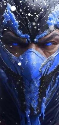 This live wallpaper features a close-up shot of a striking blue mask embellished with intricate designs and details