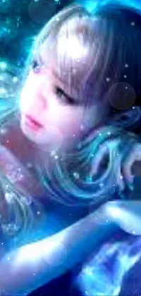 This phone live wallpaper showcases a stunning and dreamy scene of a young girl resting in crystal clear water
