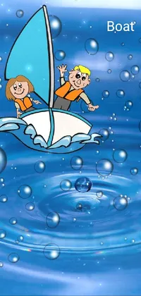 This live wallpaper showcases a digital rendering of a boy and girl on a boat sailing across the water in the rain