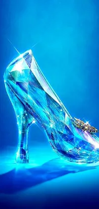 This live phone wallpaper features a dazzling crystal shoe sitting on a vivid blue surface, capturing the essence of fairy tale magic and wonder