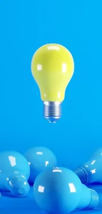 This phone live wallpaper features a bright yellow light bulb, standing out against a group of blue light bulbs