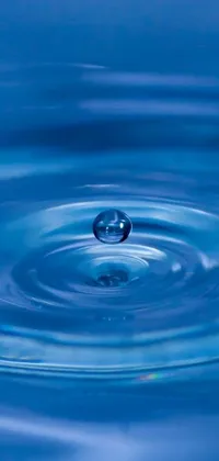 This phone live wallpaper depicts a mesmerizing cerulean blue body of water with a close-up view of a single water droplet in motion