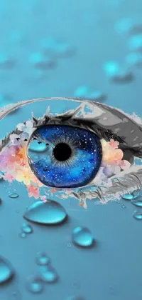 Experience this mesmerizing live wallpaper featuring a hyperrealistic painted blue eye with water droplets, which creates a hypnotic and surreal effect