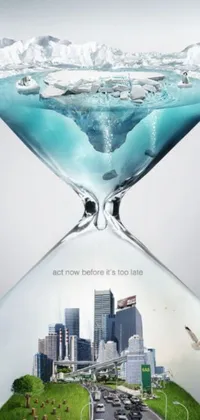 This phone live wallpaper features an hourglass with a city in the background