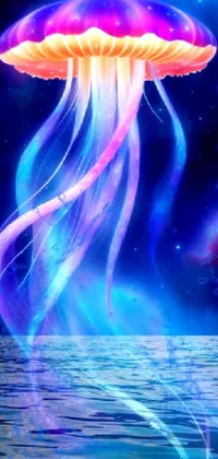 Get ready for a stunning live phone wallpaper featuring a mesmerizing jellyfish on top of sparkling water! This digital art masterpiece is lit from one side, with fuschia, vermillion, and cyan tones dominating the color palette