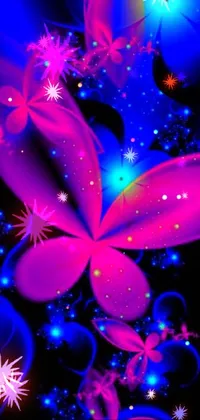 This stunning phone live wallpaper features a mesmerizing digital art display with pink and blue flowers on a black background