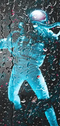 This stunning phone live wallpaper features a man in a light blue neoprene suit, standing in the rain with glass stars reflecting in the background