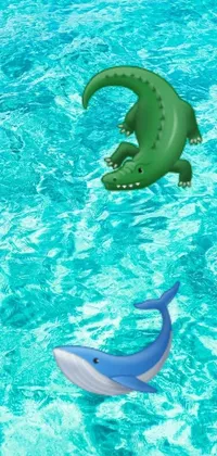 This stunning live phone wallpaper features a lifelike rendering of a dolphin and a crocodile swimming gracefully in a crystal clear pool