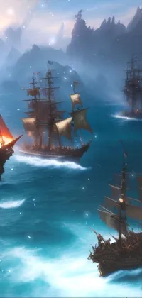 Experience the excitement of the high seas with the Pirate Ships on Water live wallpaper