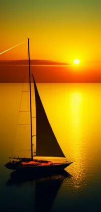 This phone live wallpaper features a stunning image of a sailboat in the middle of the ocean, surrounded by the warm, orange glow of a magnificent sunset