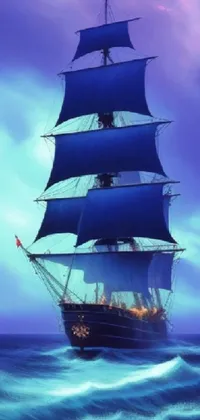 This phone live wallpaper showcases a digital painting of a tall ship sailing in the deep blue sea