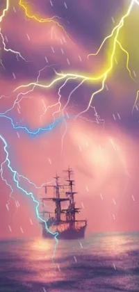 This phone live wallpaper depicts a ship sailing amidst a vast body of water