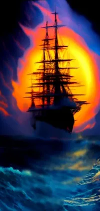 This live phone wallpaper boasts a stunning digital painting of a ship sailing through the ocean at sunset