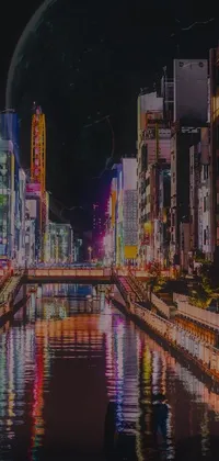 This intriguing live wallpaper features a river flowing through a city at night, presenting a digital art display with a vibrant japonisme aesthetic