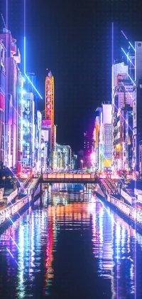 This live phone wallpaper showcases a cyberpunk-inspired cityscape at night, complete with neon signs and a river flowing through the metropolis