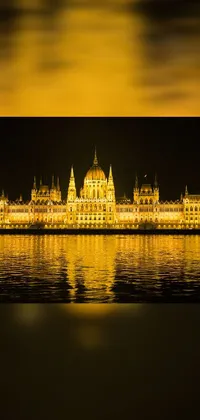 This live phone wallpaper showcases a beautiful architectural wonder, a majestic building sitting on a body of water, radiating with stunning yellow lighting against the dark backdrop