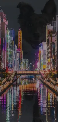 This phone live wallpaper features a digital art depiction of a dog amidst a vibrant city at night