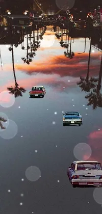 This hyperrealistic phone live wallpaper showcases a bustling street scene with a group of lowriders driving past palm trees