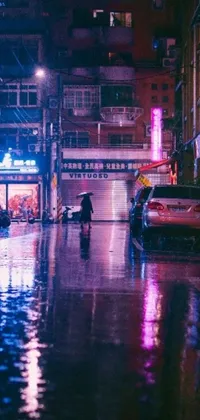 This live wallpaper for phones features a cyberpunk art scene with a person walking in the rain, carrying an umbrella