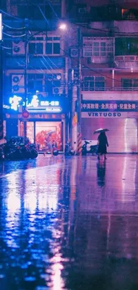 This phone live wallpaper showcases a person walking with an umbrella in the rain amidst a cyberpunk cityscape illuminated by vaporwave lights