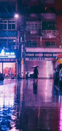 This live wallpaper features a person walking in the rain with an umbrella, set against a cyberpunk art backdrop with vaporwave lights and a wet floor in a china town setting