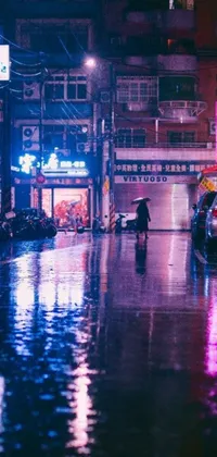 Experience the beauty of Cyberpunk art with our live phone wallpaper featuring a person walking in the rain with an umbrella