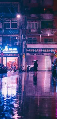 This phone live wallpaper showcases a cyberpunk artistic depiction of a person walking in the rain under the cover of an umbrella