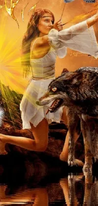 This captivating phone live wallpaper features a stunning digital art collage depicting a fierce goddess of the sun holding a powerful bow next to a majestic wolf