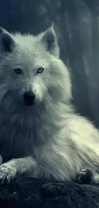 This phone live wallpaper features a stunning white wolf in a forest setting