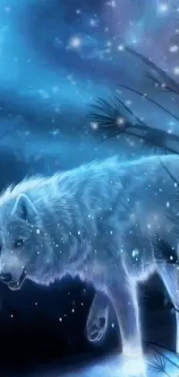 Get lost in a wintery wonderland with this stunning live wallpaper featuring a white wolf standing on snow-covered ground