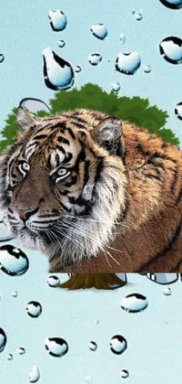 Get lost in the wild with this phone live wallpaper! Featuring a fierce tiger sitting on a mirrored puddle, this image is adorned with ultra-detailed rain drops and animated bubbles, giving it a lifelike quality