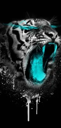 This dynamic phone wallpaper showcases a magnificent tiger with its mouth wide-open, surrounded by glowing liquid elements