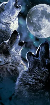 This ultra-realistic live wallpaper features three wolves howling at the moon in a moonlit forest
