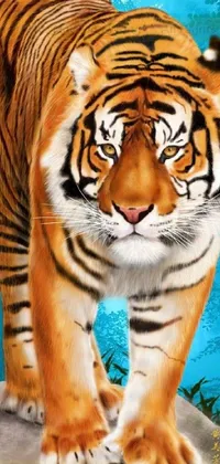This vibrant and highly detailed live wallpaper features a realistic photorealistic painting of a majestic tiger standing on a rock