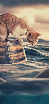 Looking for a unique live wallpaper for your phone? Check out this stunning piece of digital art featuring a cat standing on a barrel in the water