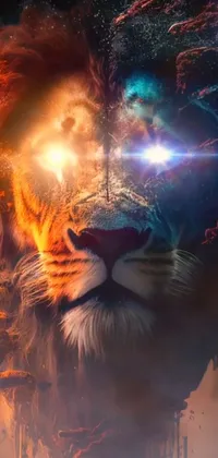 This lively phone wallpaper showcases an overlaid image of a lion close up, positioned against a beautiful sky backdrop featuring glowing god rays, with digital artwork of a galaxy-like expanse