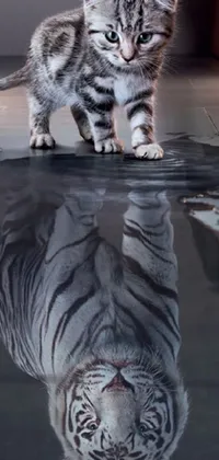 This mesmerizing live wallpaper features a hyperrealistic white tiger cat standing on top of a mirrored puddle of water