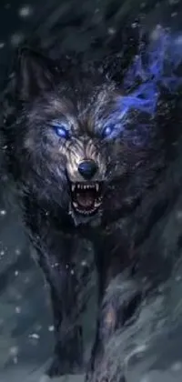 This phone live wallpaper features a fearsome wolf with blue eyes running through the snow in a fantasy art style