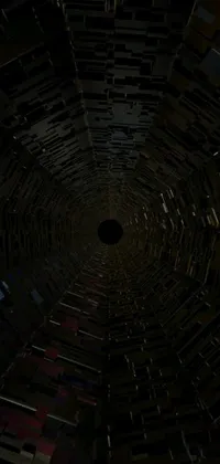 Enjoy a stunning live wallpaper of stacks of books inside a black hole with spaceship hull texture, viewed from within
