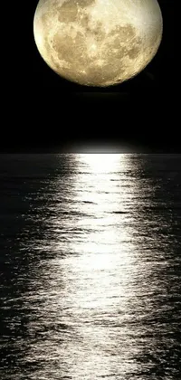 This vertical phone live wallpaper features a stunning Hurufiyya-style image of a full moon rising over a serene body of water