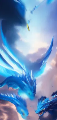 This phone live wallpaper is a stunning concept art featuring two blue dragons flying through a cloudy sky