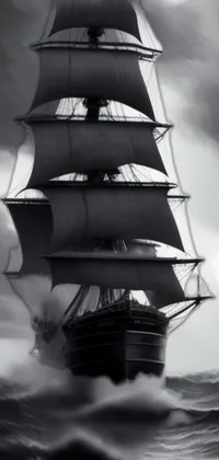 This phone live wallpaper features a stunning black and white photo of a ship in the ocean
