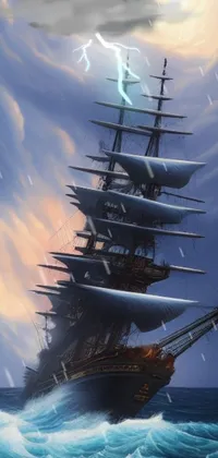 Enjoy a captivating phone live wallpaper featuring a fantastic painting of a ship in the midst of the ocean at dawn with no gradients