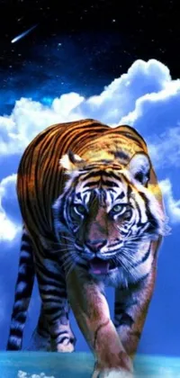 This dynamic phone live wallpaper features a captivating digital art rendering of a majestic tiger in motion, walking across the tranquil surface of a body of water